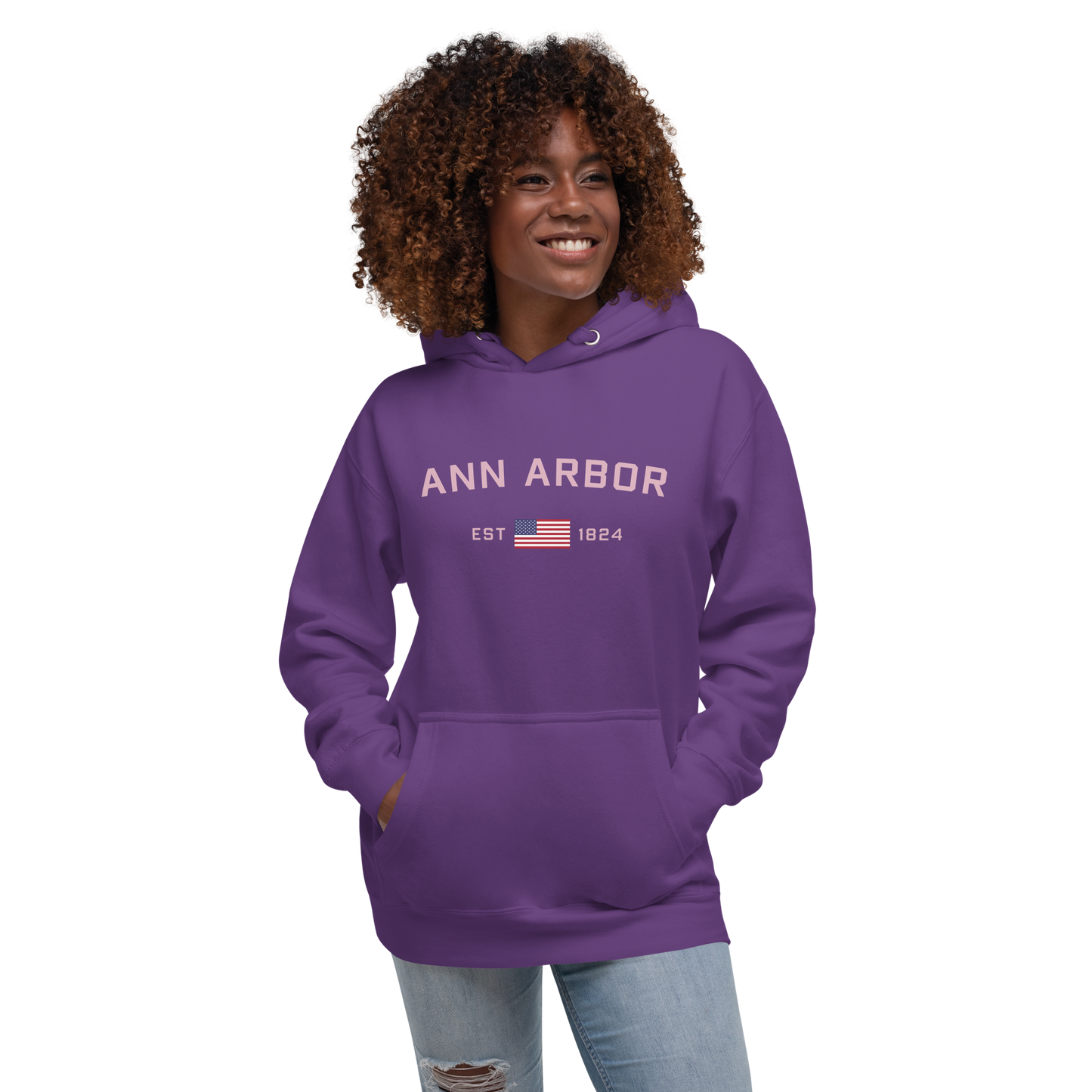 'Ann Arbor 1824' Unisex Premium Hoodie (Pink Type w/USA Flag Outline)