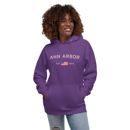 'Ann Arbor 1824' Unisex Premium Hoodie (Pink Type w/USA Flag Outline)