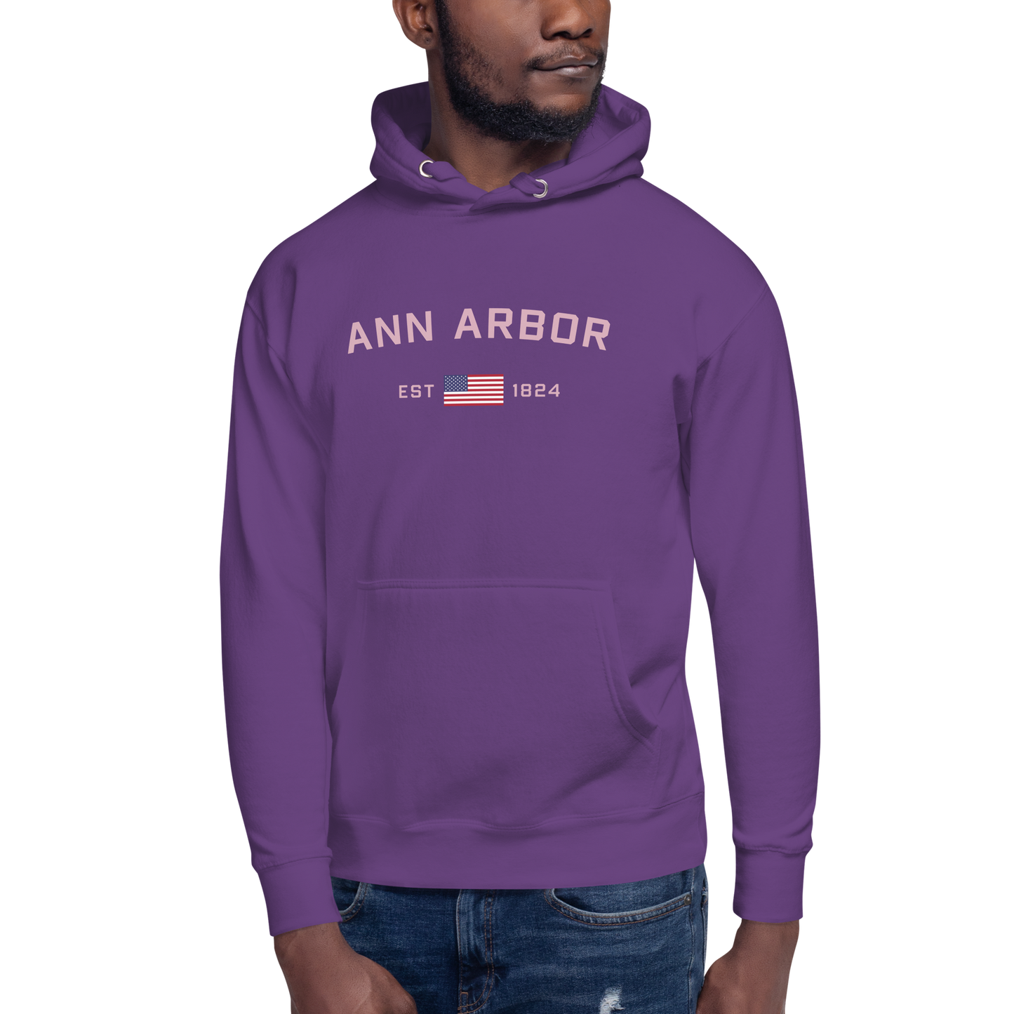 'Ann Arbor 1824' Unisex Premium Hoodie (Pink Type w/USA Flag Outline)