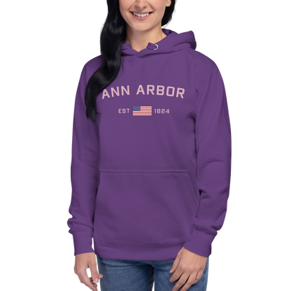 'Ann Arbor 1824' Unisex Premium Hoodie (Pink Type w/USA Flag Outline)