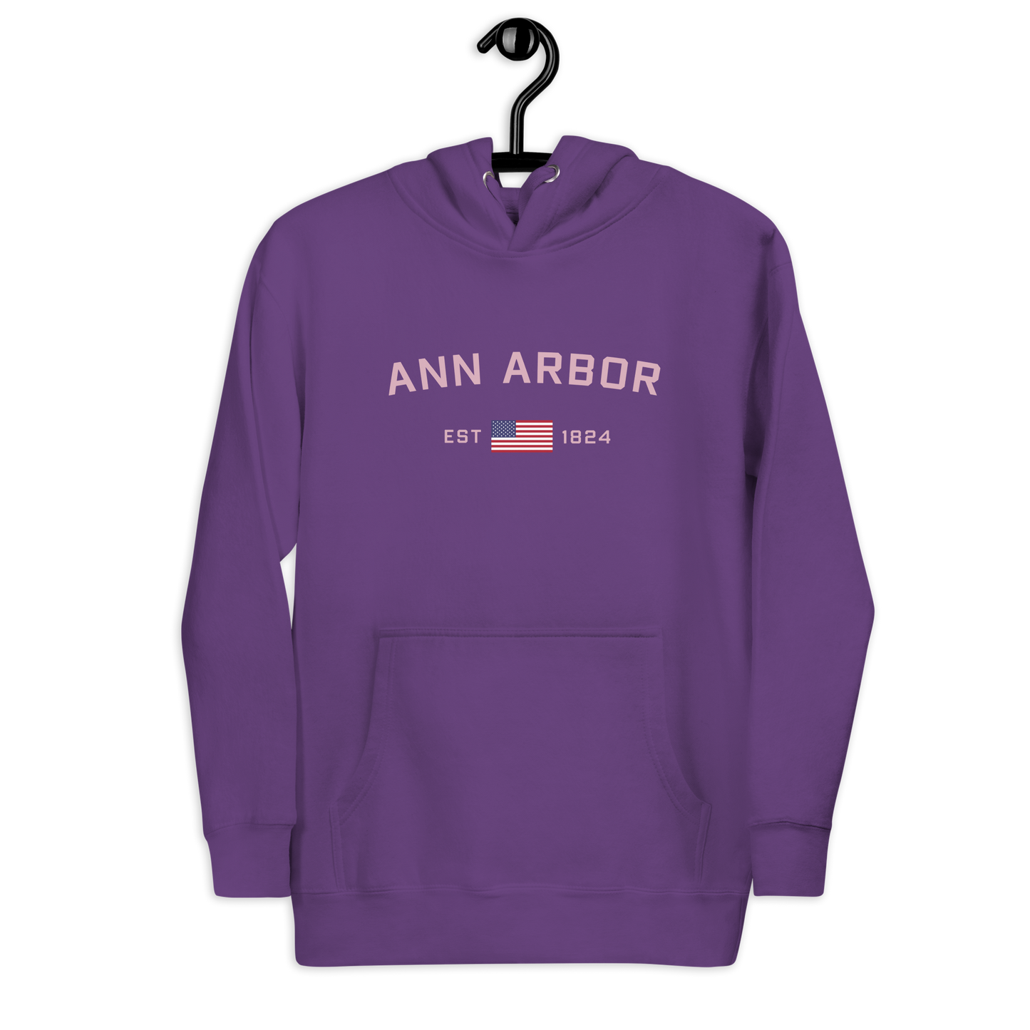 'Ann Arbor 1824' Unisex Premium Hoodie (Pink Type w/USA Flag Outline)