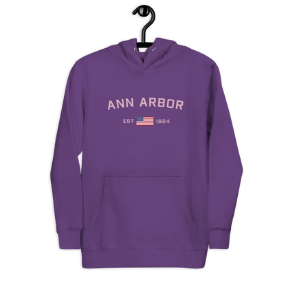 'Ann Arbor 1824' Unisex Premium Hoodie (Pink Type w/USA Flag Outline)