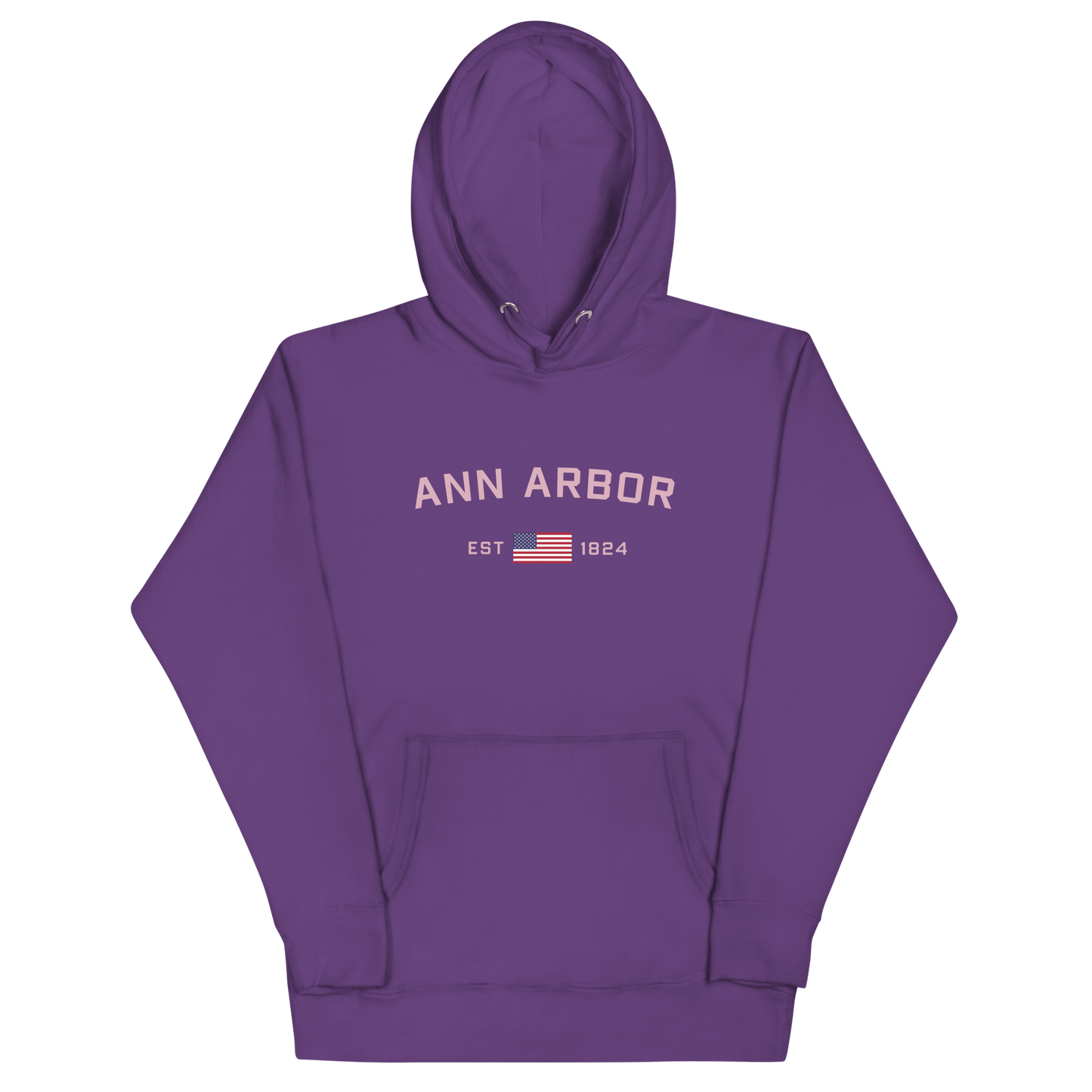 'Ann Arbor 1824' Unisex Premium Hoodie (Pink Type w/USA Flag Outline)