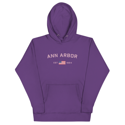 'Ann Arbor 1824' Unisex Premium Hoodie (Pink Type w/USA Flag Outline)