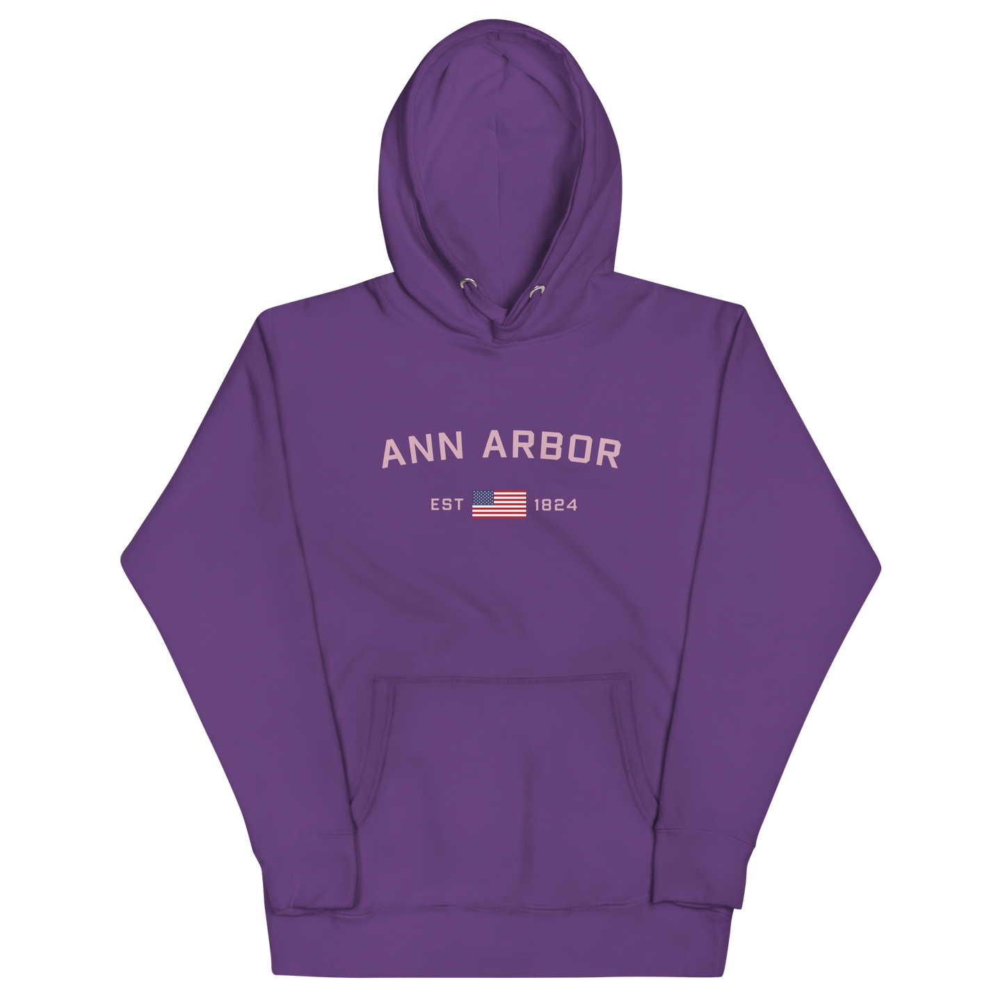 'Ann Arbor 1824' Unisex Premium Hoodie (Pink Type w/USA Flag Outline)