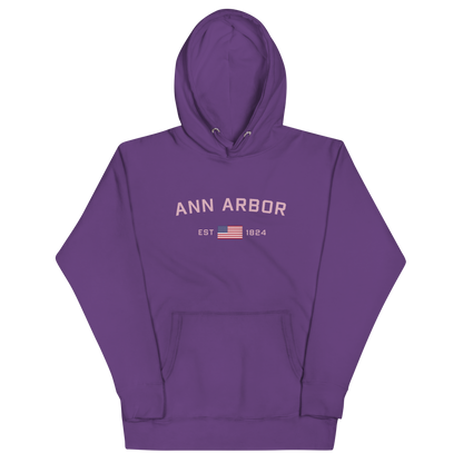 'Ann Arbor 1824' Unisex Premium Hoodie (Pink Type w/USA Flag Outline)