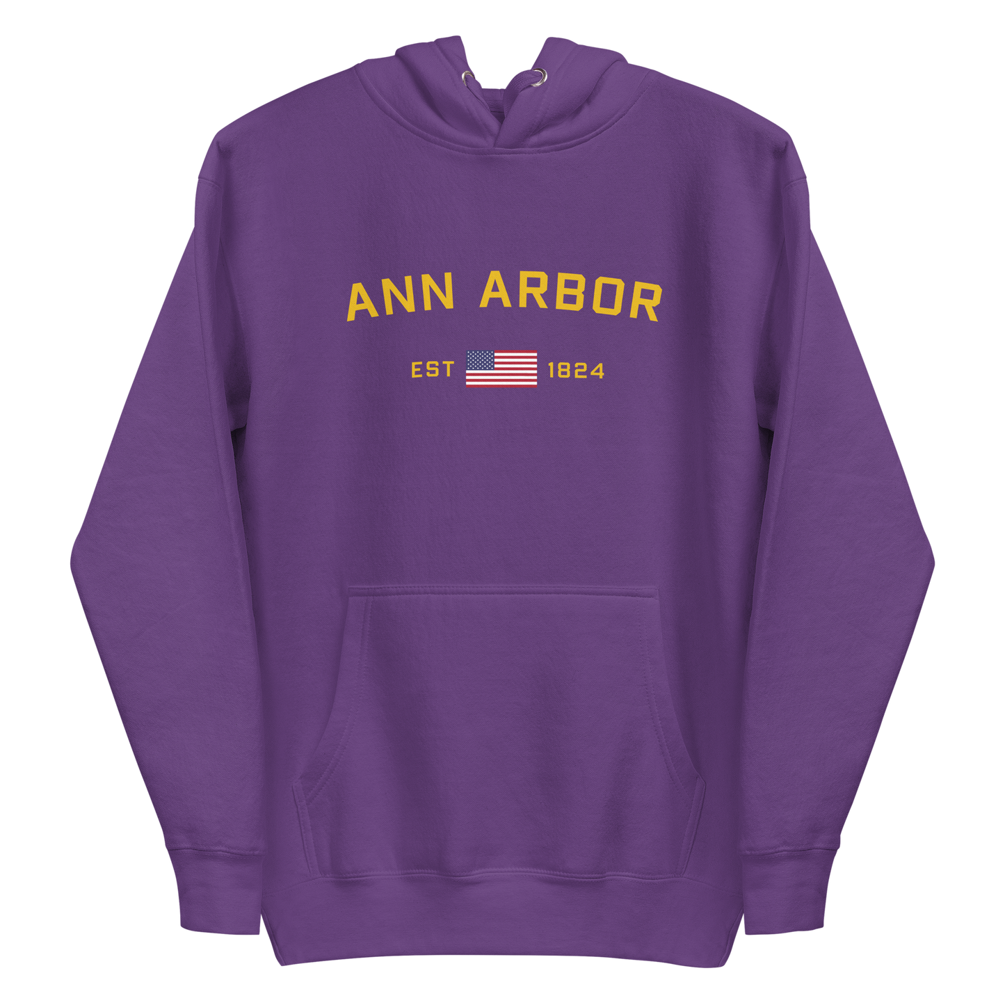 'Ann Arbor EST 1824' Unisex Premium Hoodie (Gold Type w/USA Flag Outline)