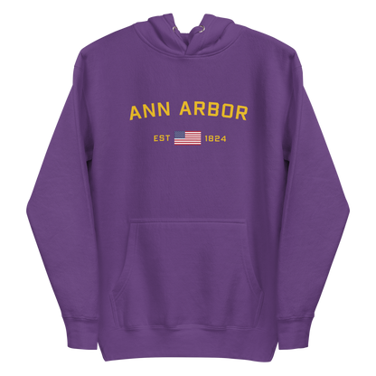 'Ann Arbor EST 1824' Unisex Premium Hoodie (Gold Type w/USA Flag Outline)