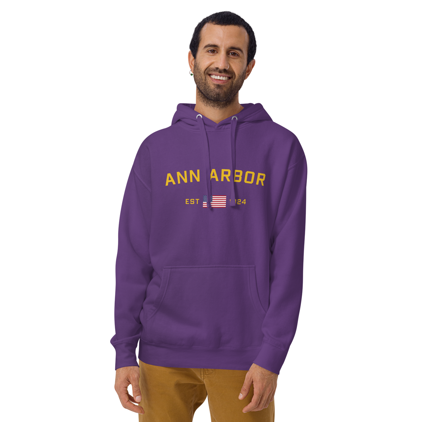 'Ann Arbor EST 1824' Unisex Premium Hoodie (Gold Type w/USA Flag Outline)