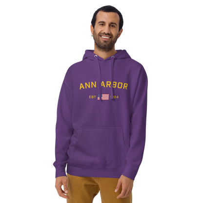 'Ann Arbor EST 1824' Unisex Premium Hoodie (Gold Type w/USA Flag Outline)