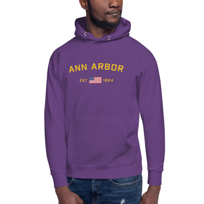 'Ann Arbor EST 1824' Unisex Premium Hoodie (Gold Type w/USA Flag Outline)