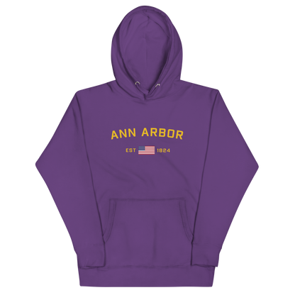 'Ann Arbor EST 1824' Unisex Premium Hoodie (Gold Type w/USA Flag Outline)