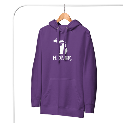 Michigan 'Home' Unisex Premium Hoodie (Woodcut Font w/ MI Outline)