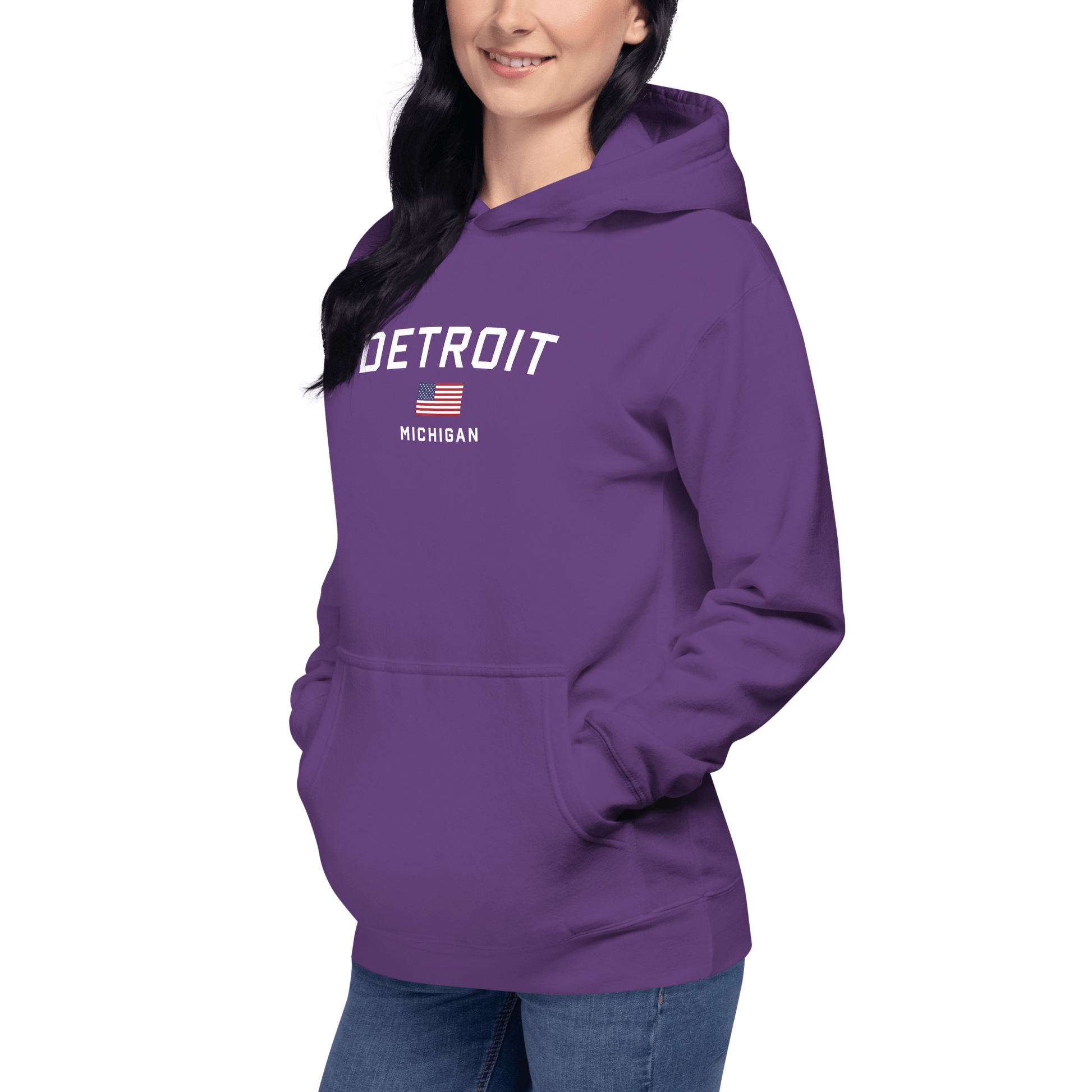 'Detroit Michigan' Hoodie (White/Navy w/ USA Flag) | Unisex Premium - Circumspice Michigan