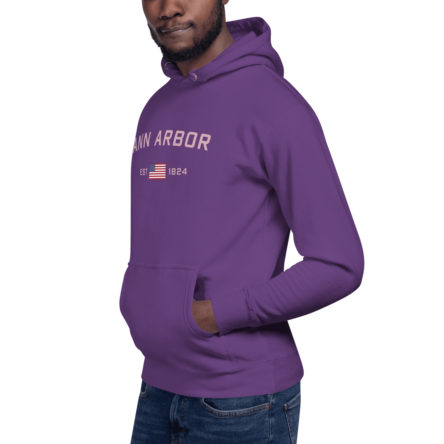 'Ann Arbor 1824' Unisex Premium Hoodie (Pink Type w/USA Flag Outline)