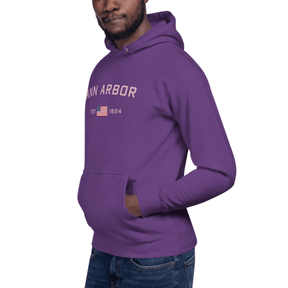 'Ann Arbor 1824' Unisex Premium Hoodie (Pink Type w/USA Flag Outline)