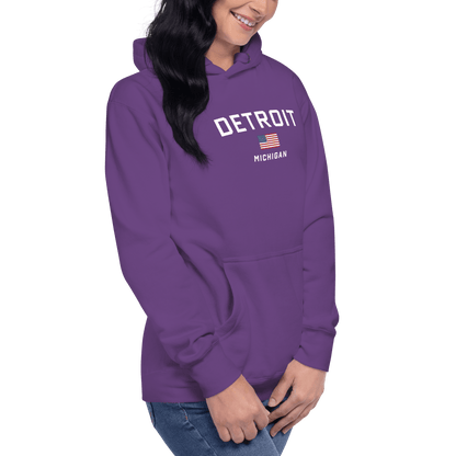 'Detroit Michigan' Hoodie (White/Navy w/ USA Flag) | Unisex Premium - Circumspice Michigan