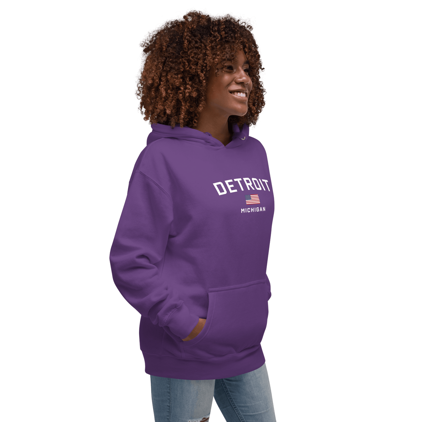 'Detroit Michigan' Hoodie (White/Navy w/ USA Flag) | Unisex Premium - Circumspice Michigan