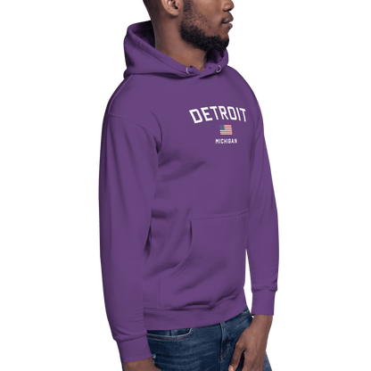 'Detroit Michigan' Hoodie (White/Navy w/ USA Flag) | Unisex Premium - Circumspice Michigan