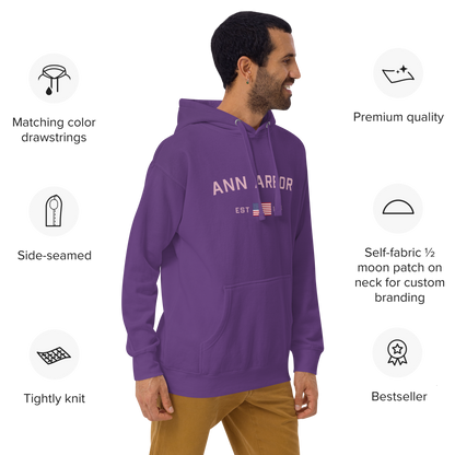 'Ann Arbor 1824' Unisex Premium Hoodie (Pink Type w/USA Flag Outline)