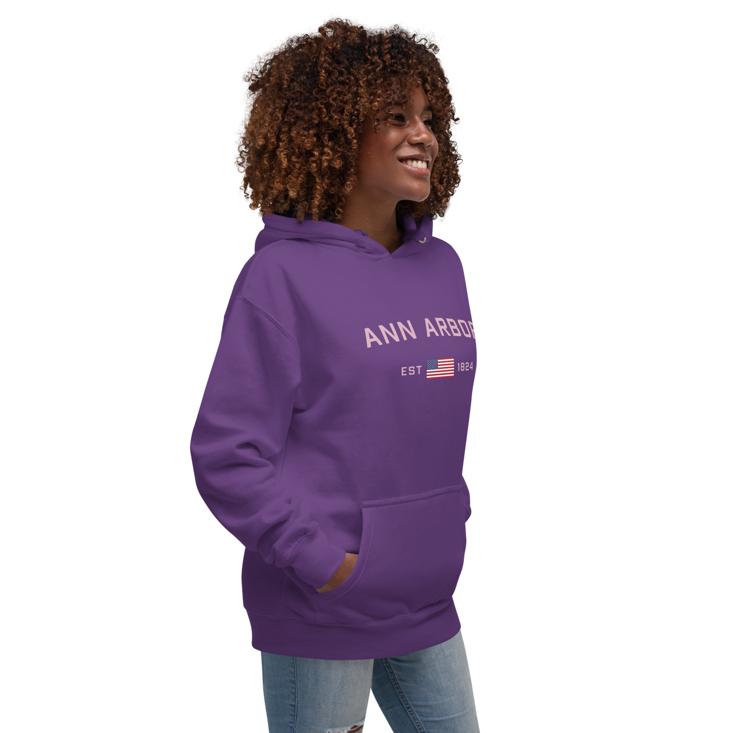 'Ann Arbor 1824' Unisex Premium Hoodie (Pink Type w/USA Flag Outline)