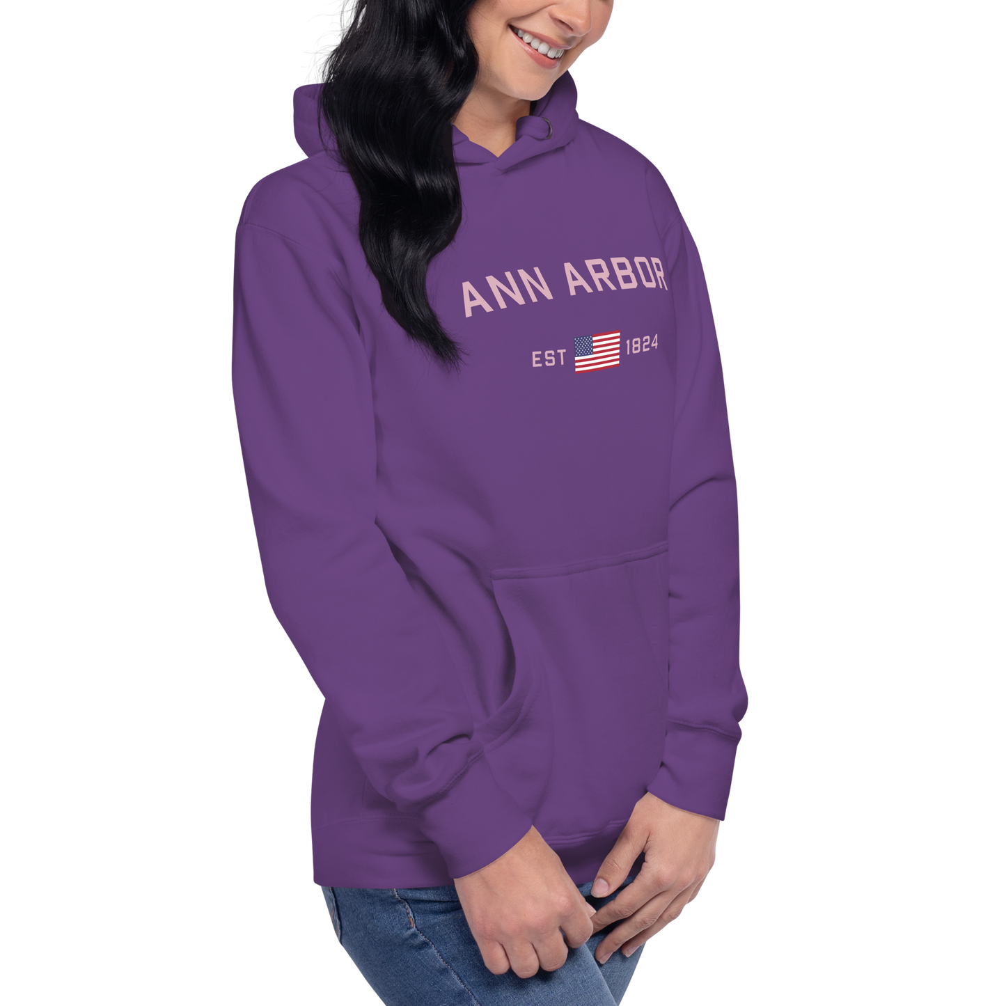 'Ann Arbor 1824' Unisex Premium Hoodie (Pink Type w/USA Flag Outline)