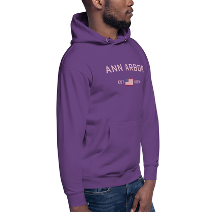 'Ann Arbor 1824' Unisex Premium Hoodie (Pink Type w/USA Flag Outline)