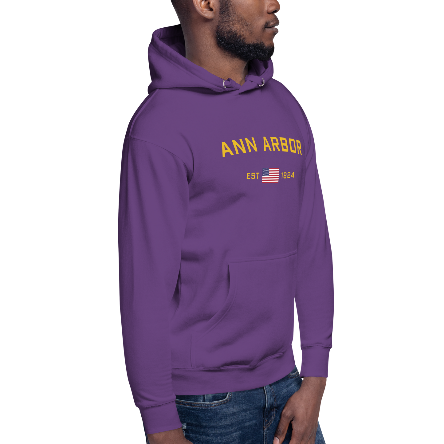 'Ann Arbor EST 1824' Unisex Premium Hoodie (Gold Type w/USA Flag Outline)