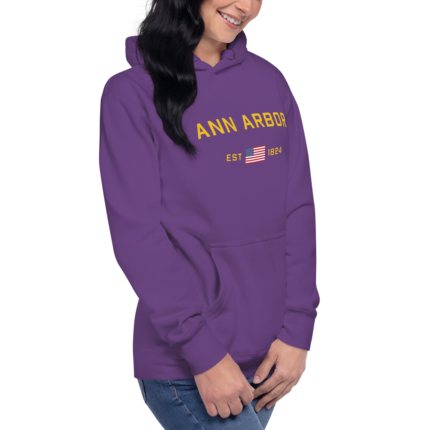 'Ann Arbor EST 1824' Unisex Premium Hoodie (Gold Type w/USA Flag Outline)