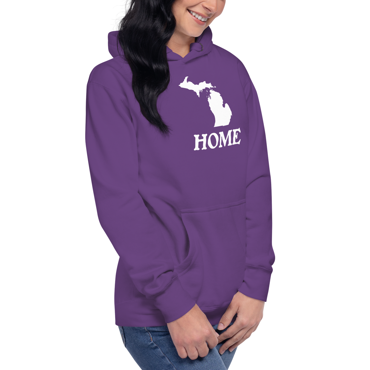 Michigan 'Home' Unisex Premium Hoodie (Woodcut Font w/ MI Outline)