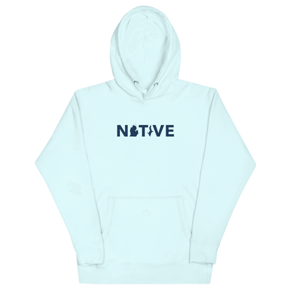 Michigan 'Native' Hoodie (White/Navy Geometric Sans Font) | Unisex Premium - Circumspice Michigan