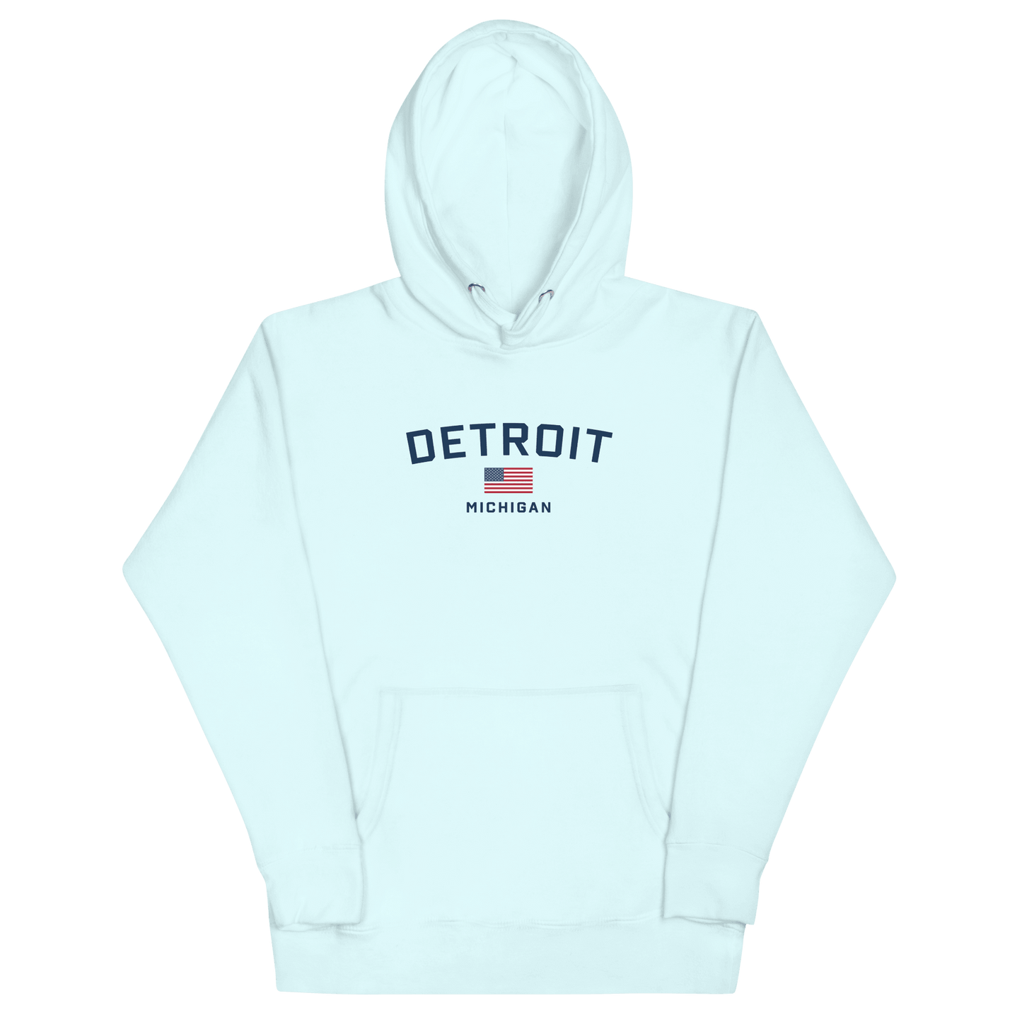 'Detroit Michigan' Hoodie (White/Navy w/ USA Flag) | Unisex Premium - Circumspice Michigan