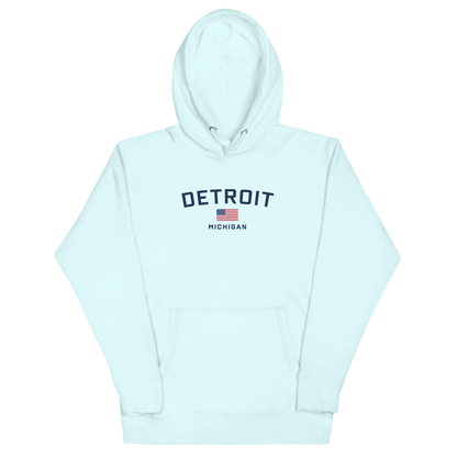 'Detroit Michigan' Hoodie (White/Navy w/ USA Flag) | Unisex Premium - Circumspice Michigan