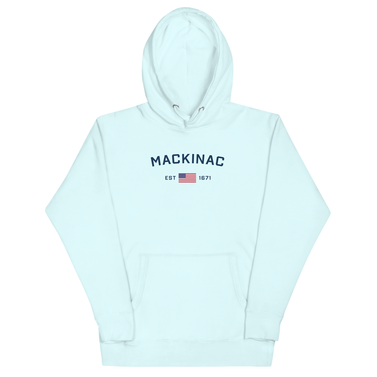 'Mackinac EST 1671' Unisex Premium Hoodie (w/ USA Flag Outline)