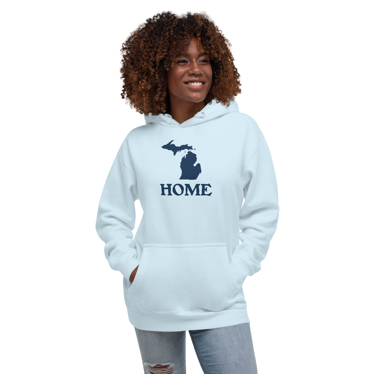 Michigan 'Home' Unisex Premium Hoodie (Woodcut Font w/ MI Outline)