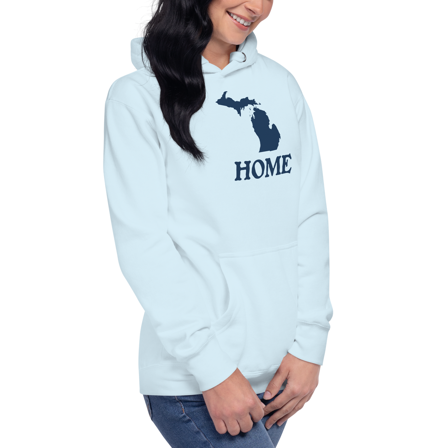 Michigan 'Home' Unisex Premium Hoodie (Woodcut Font w/ MI Outline)