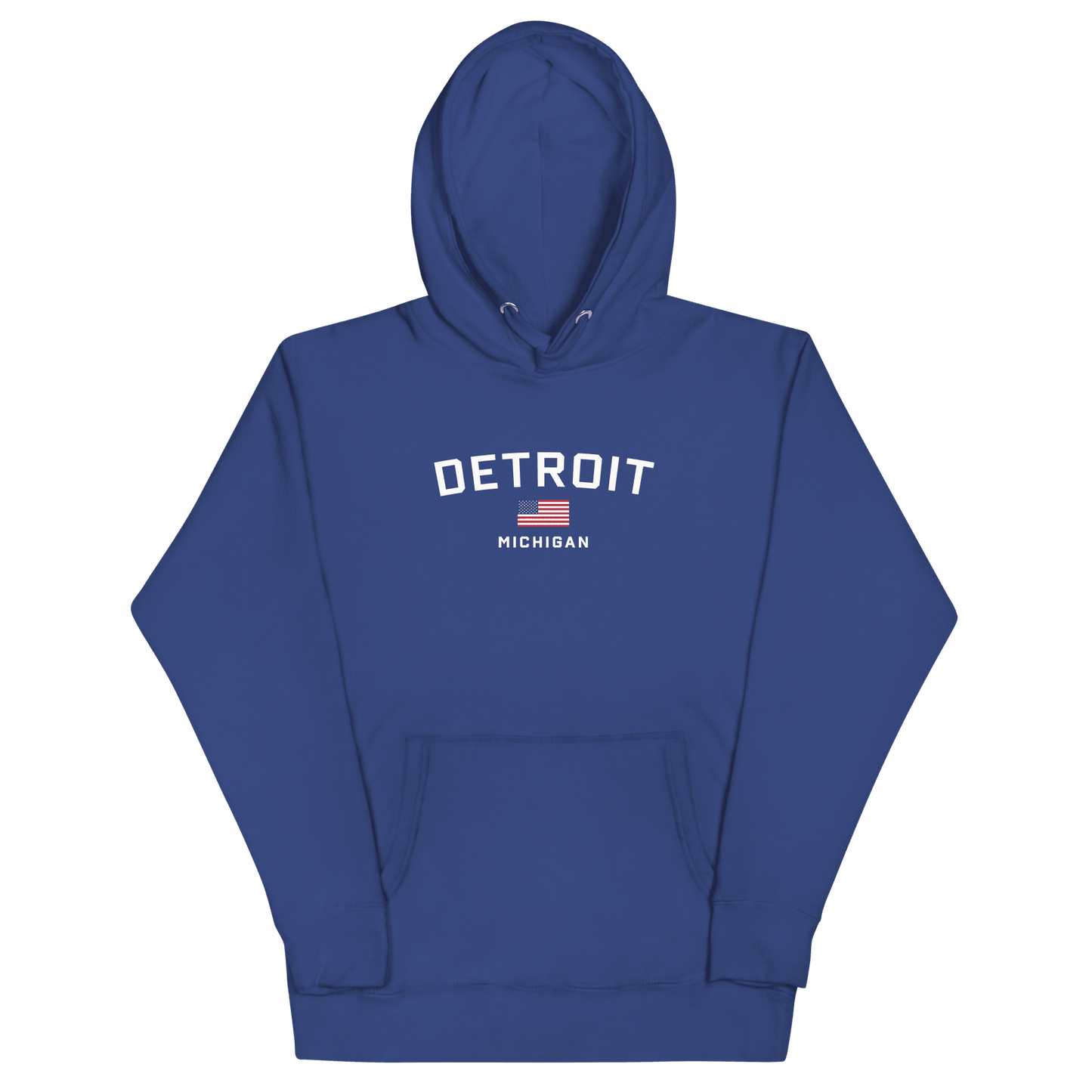 'Detroit Michigan' Hoodie (White/Navy w/ USA Flag) | Unisex Premium - Circumspice Michigan