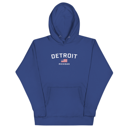 'Detroit Michigan' Hoodie (White/Navy w/ USA Flag) | Unisex Premium - Circumspice Michigan