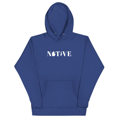 Michigan 'Native' Hoodie (White/Navy Didone Font) | Unisex Premium - Circumspice Michigan