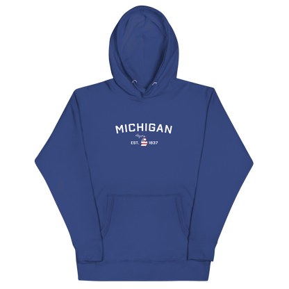 'Michigan EST 1837' Hoodie (w/ USA Flag MI Outline) | Unisex Premium - Circumspice Michigan