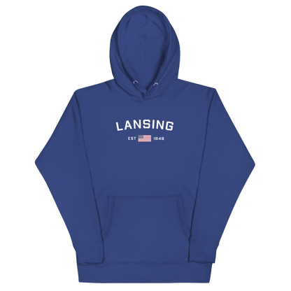 'Lansing EST 1848' Hoodie (w/. USA Flag Outline) | Unisex Premium - Circumspice Michigan