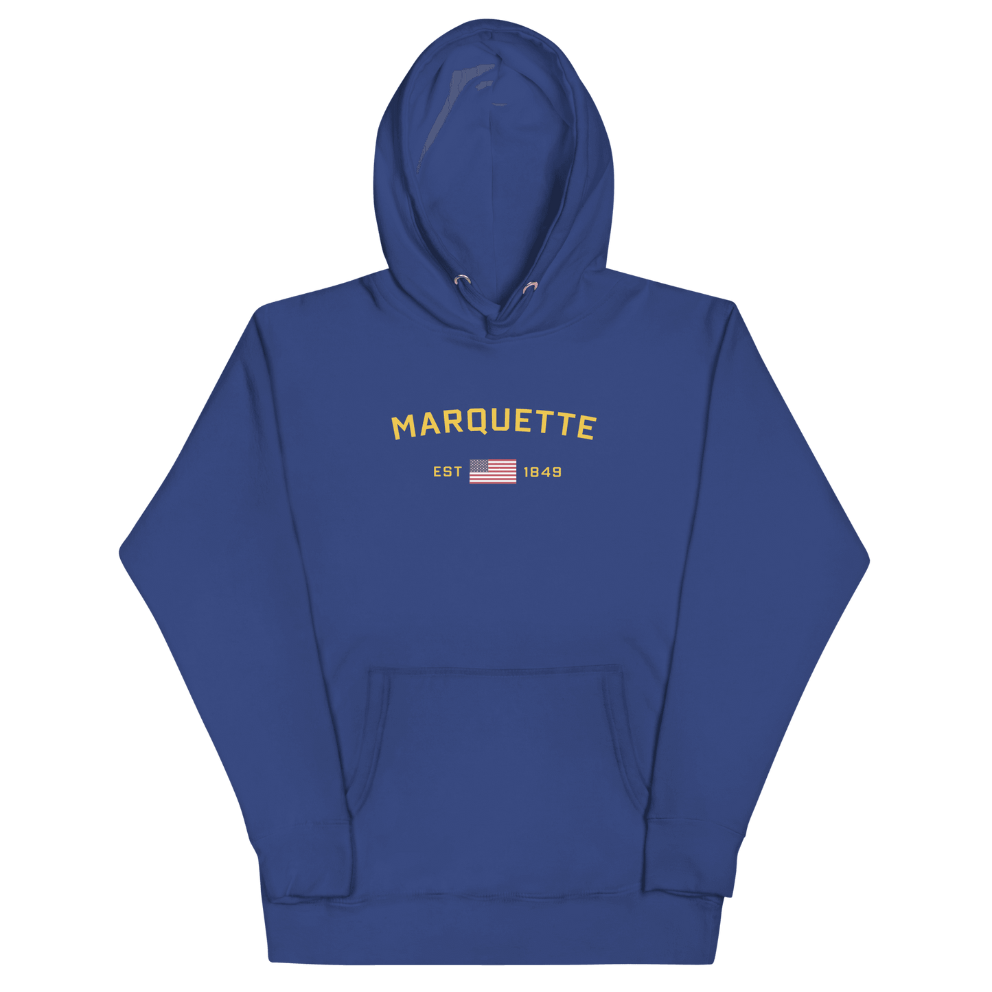 'Marquette EST 1849' Hoodie (Gold Type w/ USA Flag Outline) | Unisex Premium - Circumspice Michigan