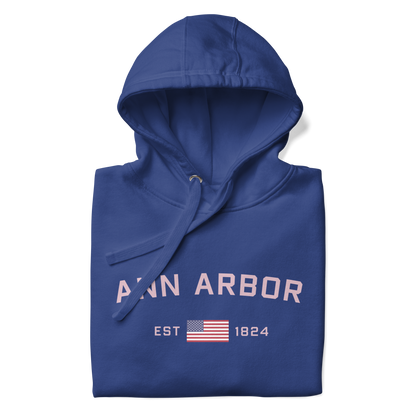 'Ann Arbor 1824' Unisex Premium Hoodie (Pink Type w/USA Flag Outline)