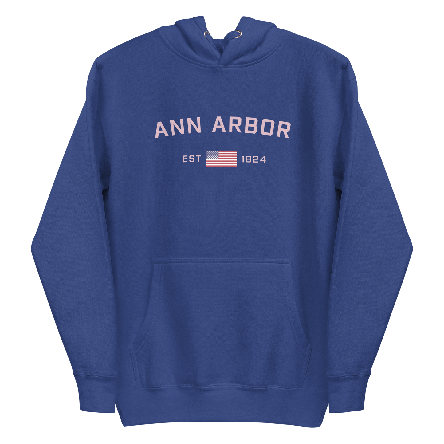 'Ann Arbor 1824' Unisex Premium Hoodie (Pink Type w/USA Flag Outline)