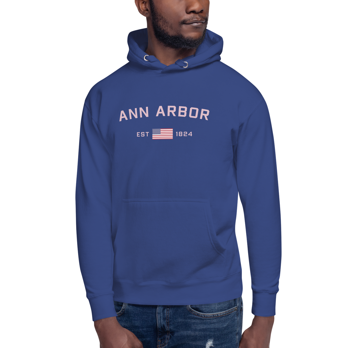 'Ann Arbor 1824' Unisex Premium Hoodie (Pink Type w/USA Flag Outline)