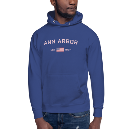 'Ann Arbor 1824' Unisex Premium Hoodie (Pink Type w/USA Flag Outline)