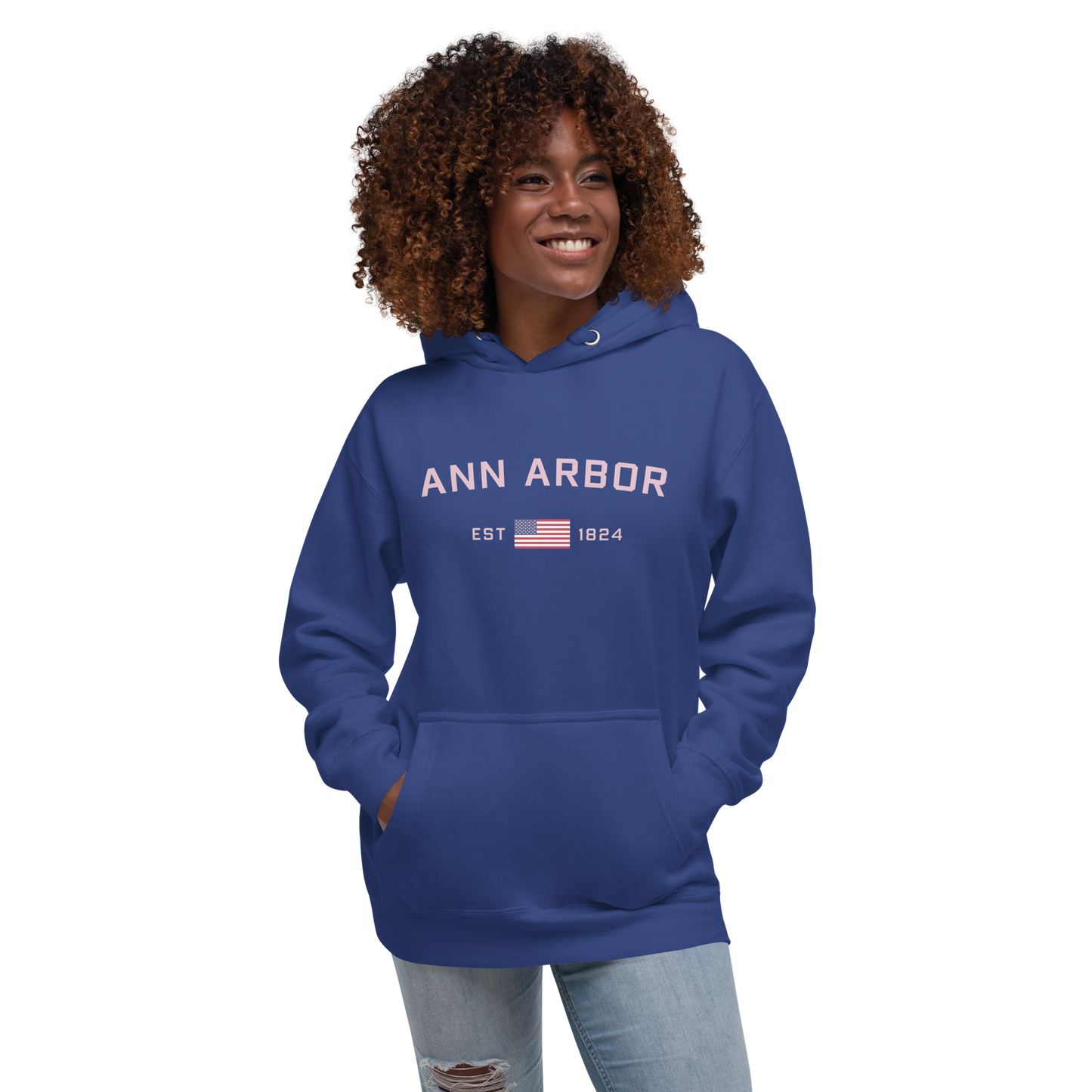 'Ann Arbor 1824' Unisex Premium Hoodie (Pink Type w/USA Flag Outline)