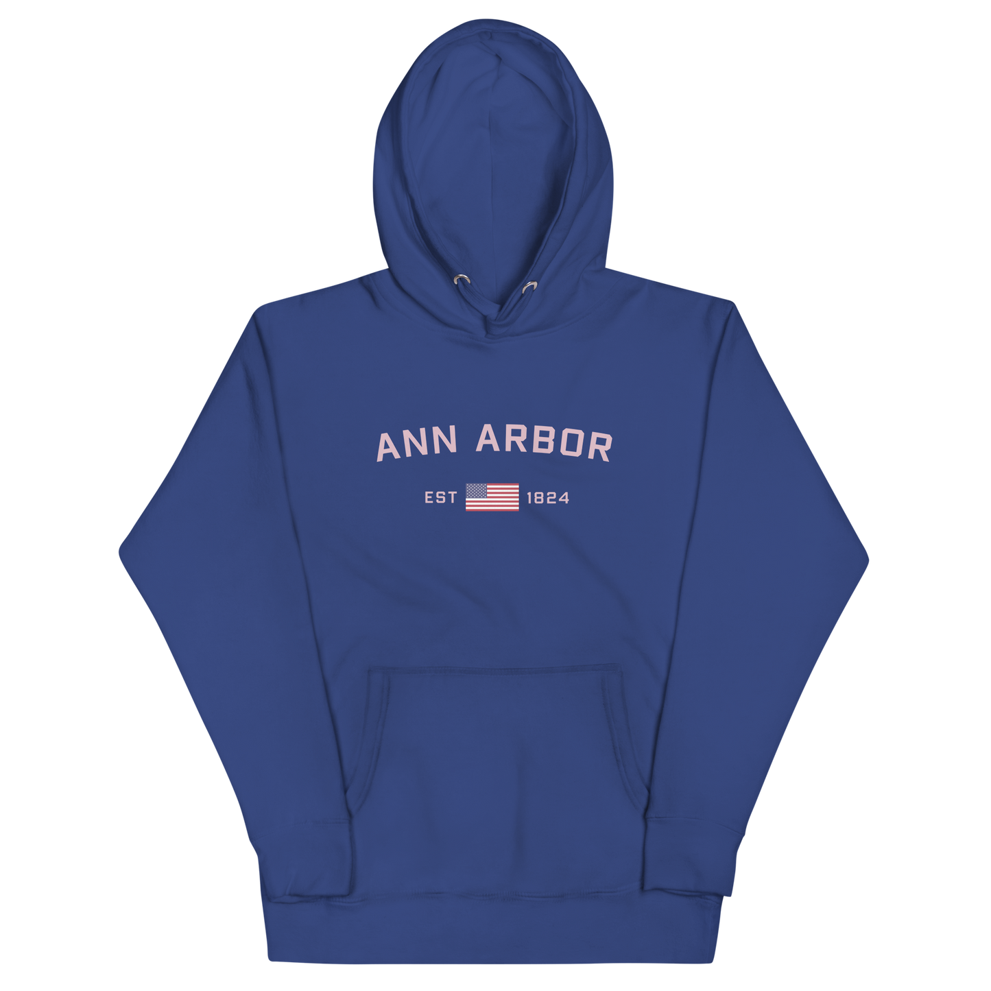 'Ann Arbor 1824' Unisex Premium Hoodie (Pink Type w/USA Flag Outline)