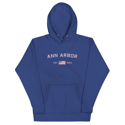 'Ann Arbor 1824' Unisex Premium Hoodie (Pink Type w/USA Flag Outline)