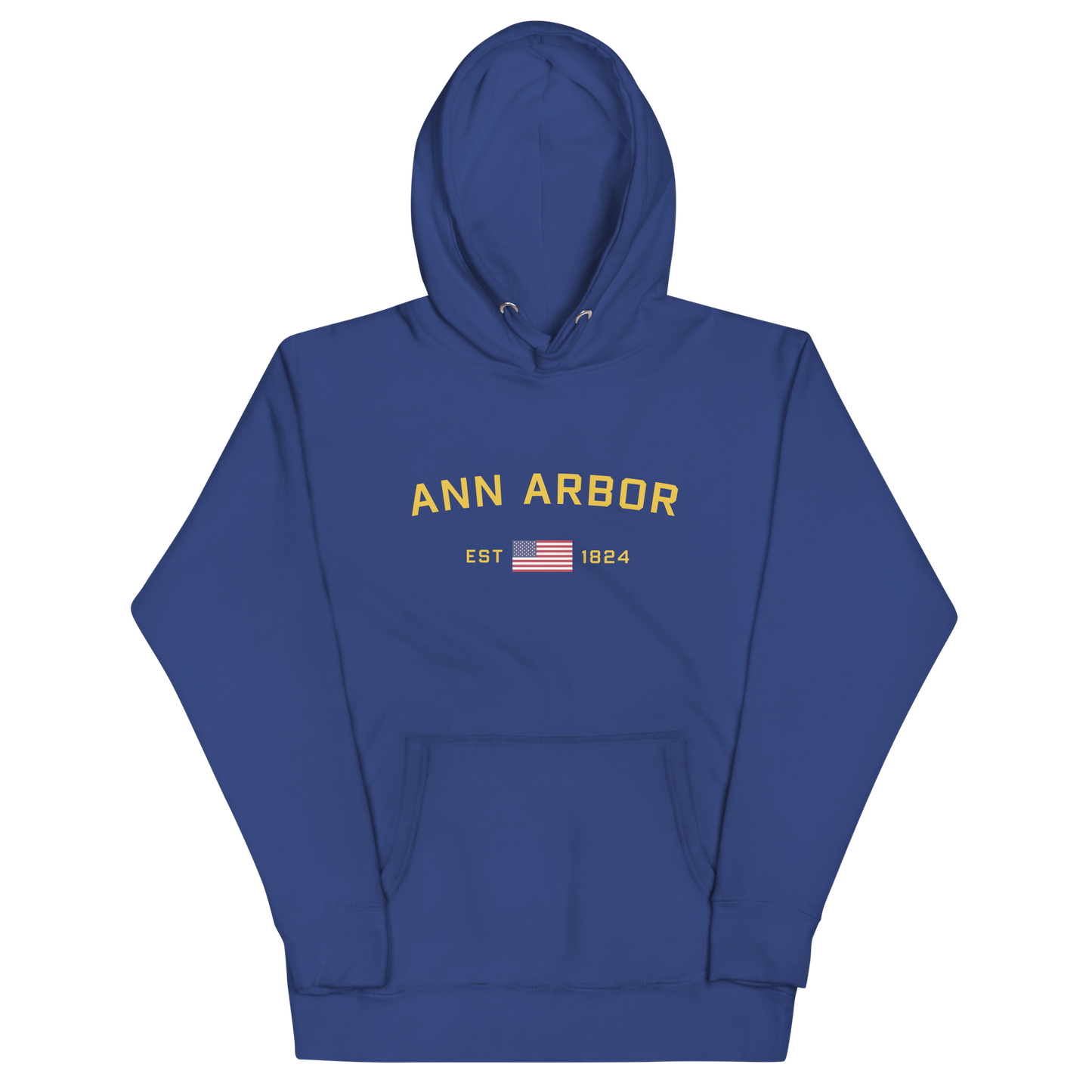 'Ann Arbor EST 1824' Unisex Premium Hoodie (Gold Type w/USA Flag Outline)